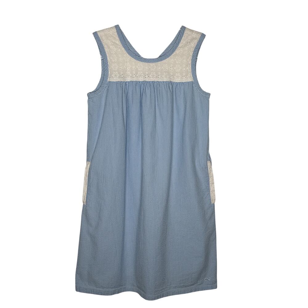 2017 Vineyard Vines Blue & white striped cotton seersucker Cotton Dress age 14